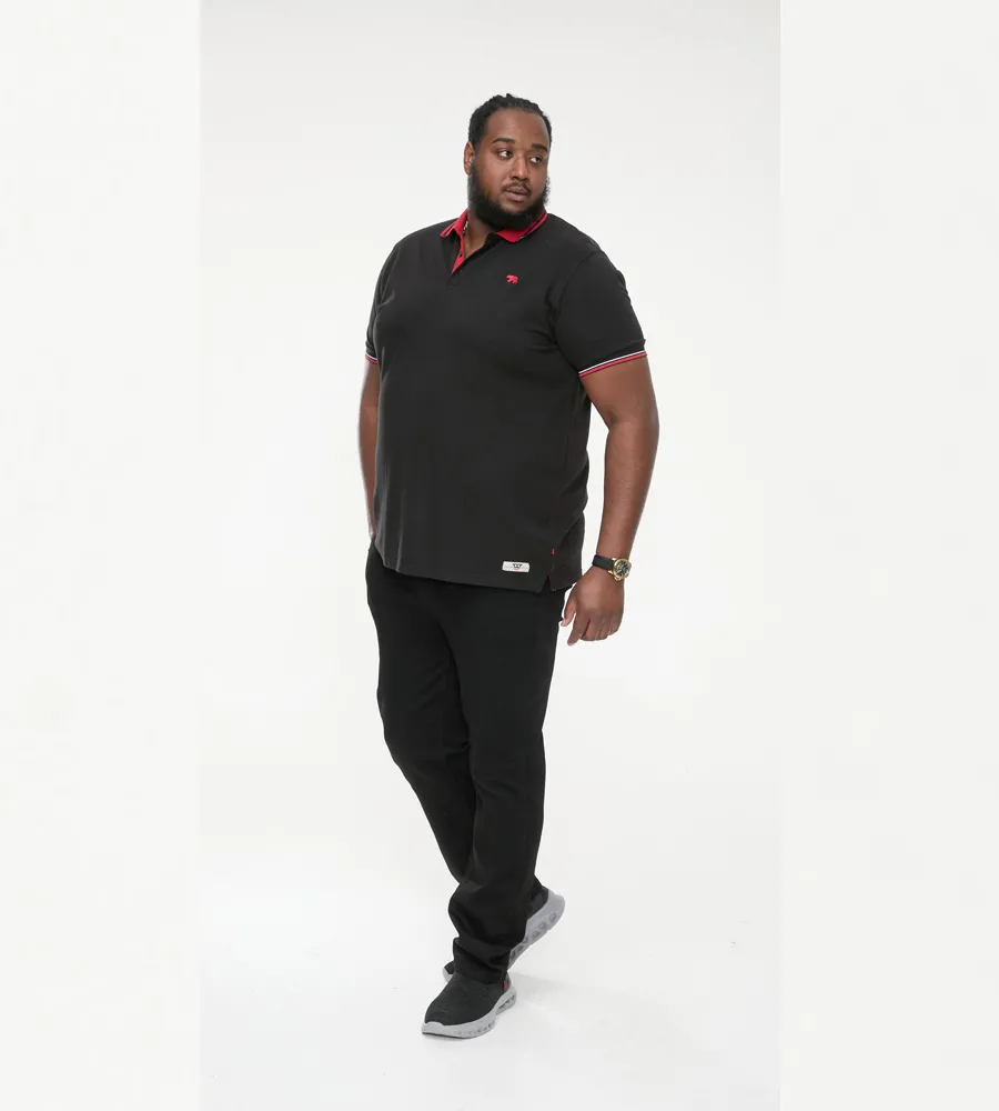 D555 Big Mens Black Pique Polo Shirt With Cuff and Collar Tipping (CHESTER)